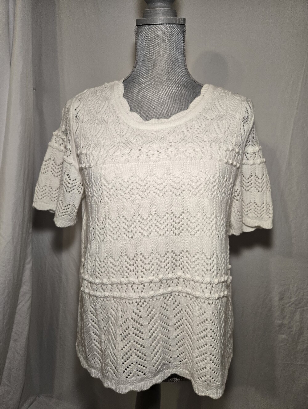 Talbots Ivory Pointelle Knit Layered Sweater US Womens Size LP Petite Beautiful